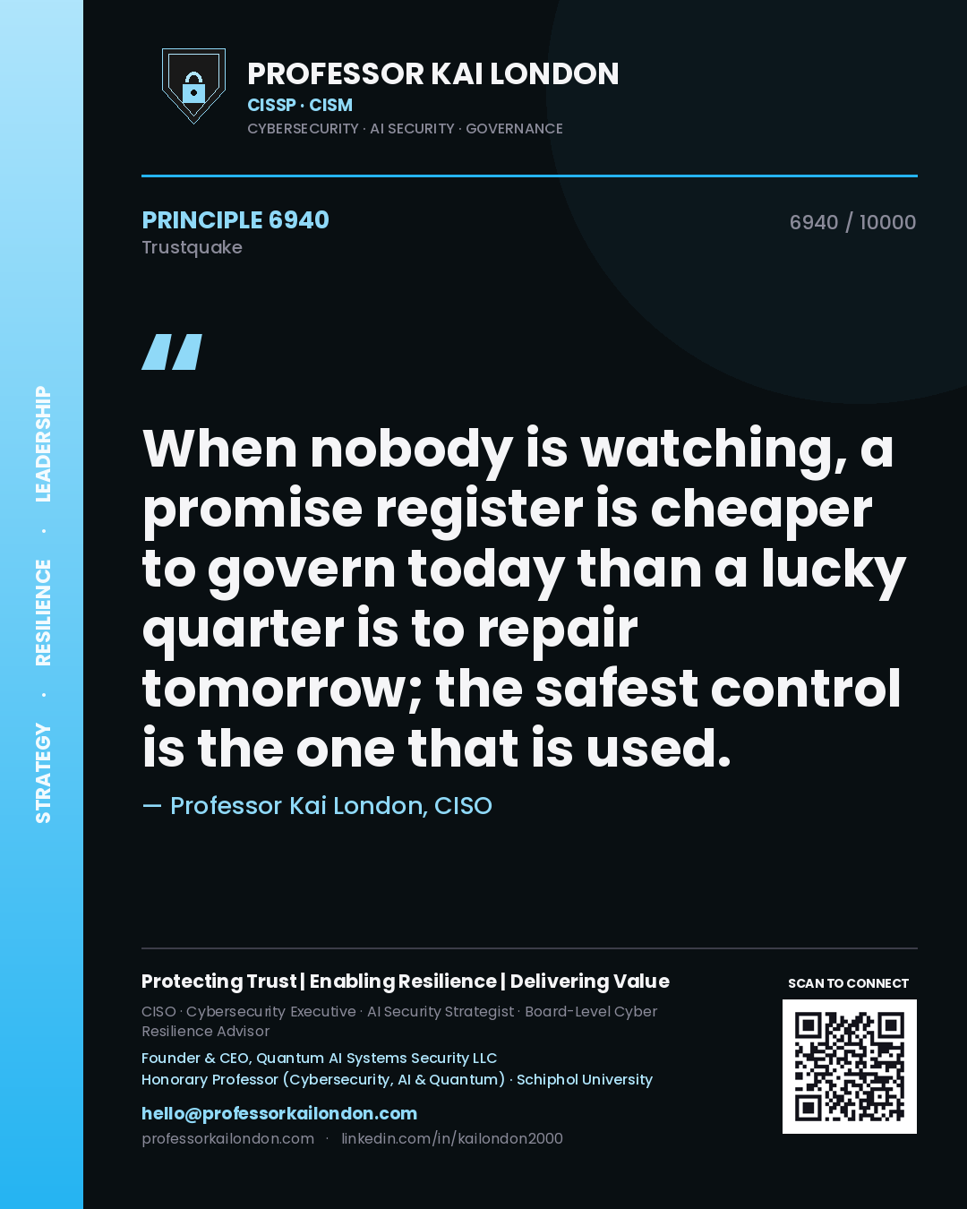 Professor Kai London principle 6940: When nobody is watching, a promise register is cheaper to govern today than a lucky quarter is to repair tomorrow; the safest control is the one that is used.