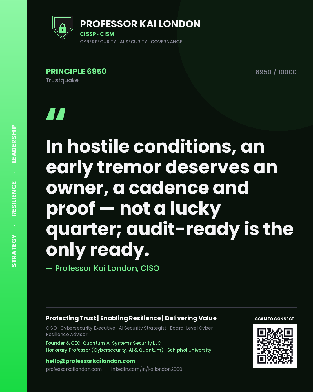 Quote card by Professor Kai London reading 'In hostile conditions, an early tremor deserves an owner, a cadence and proof — not a lucky quarter; audit-ready is the only ready.'. From the book Trustquake.
