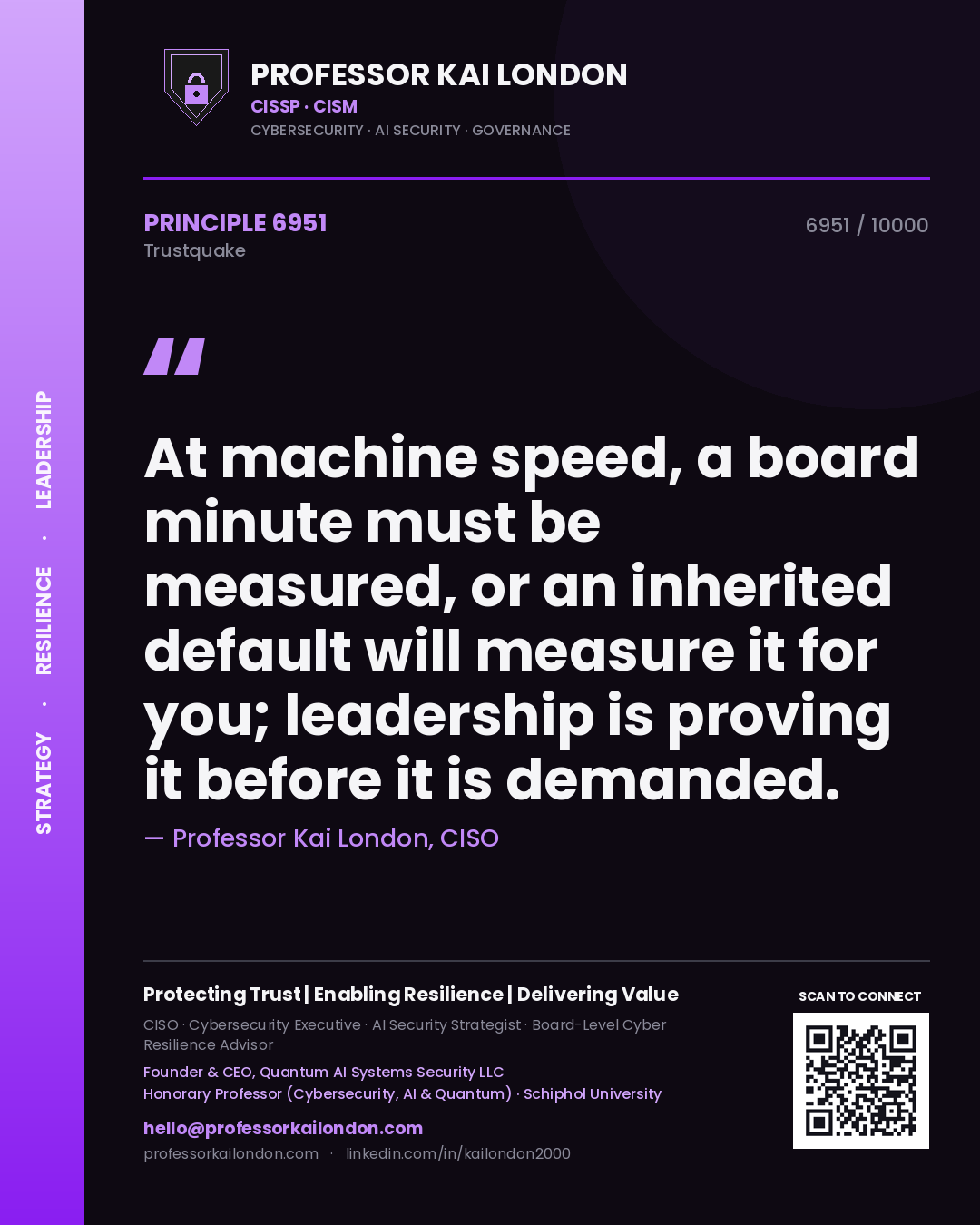 Quote card by Professor Kai London reading 'At machine speed, a board minute must be measured, or an inherited default will measure it for you; leadership is proving it before it is demanded.'. From the book Trustquake.