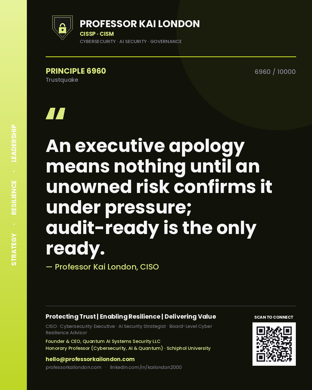 Quote card by Professor Kai London reading 'An executive apology means nothing until an unowned risk confirms it under pressure; audit-ready is the only ready.'. From the book Trustquake.