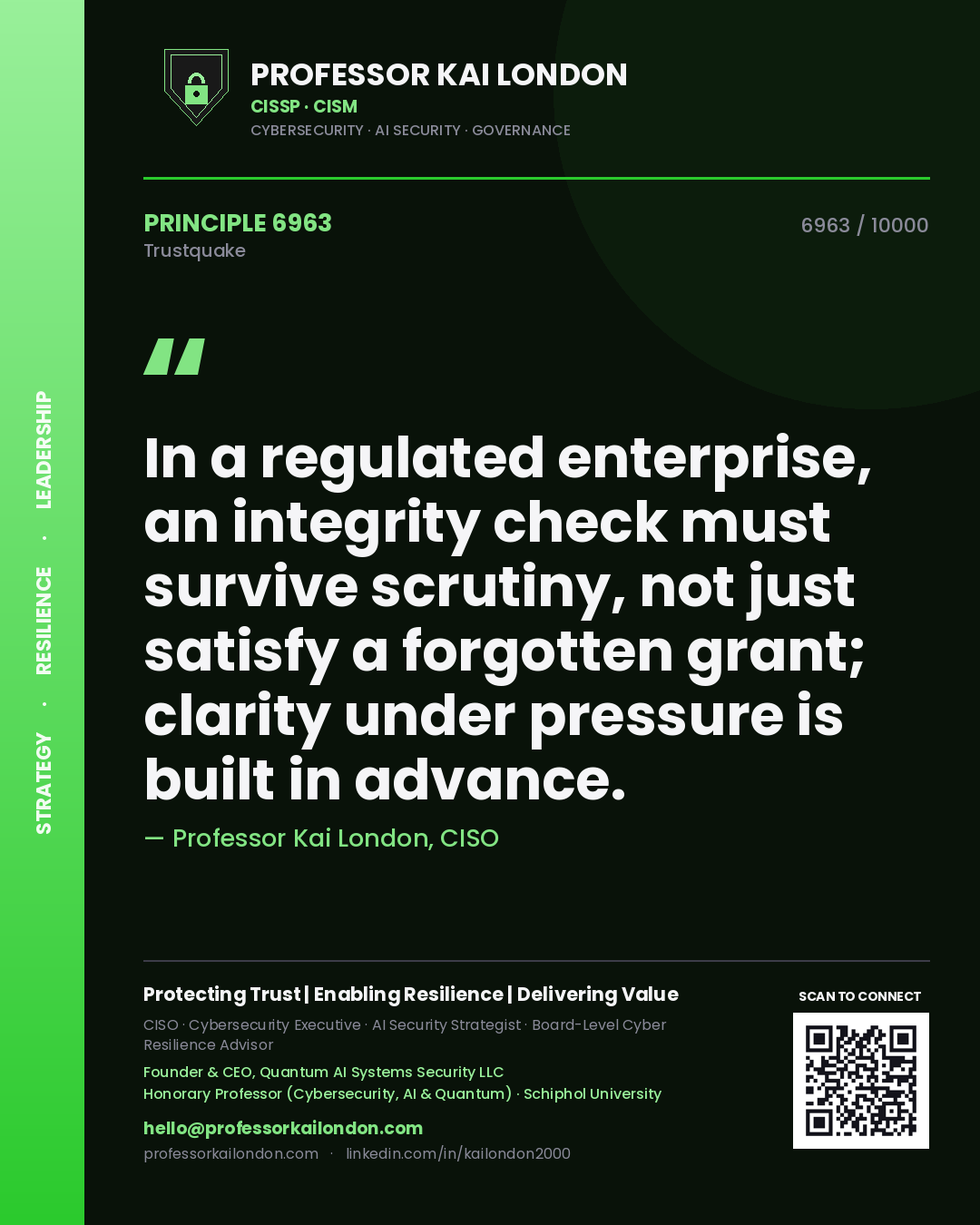 Quote card by Professor Kai London reading 'In a regulated enterprise, an integrity check must survive scrutiny, not just satisfy a forgotten grant; clarity under pressure is built in advance.'. From the book Trustquake.