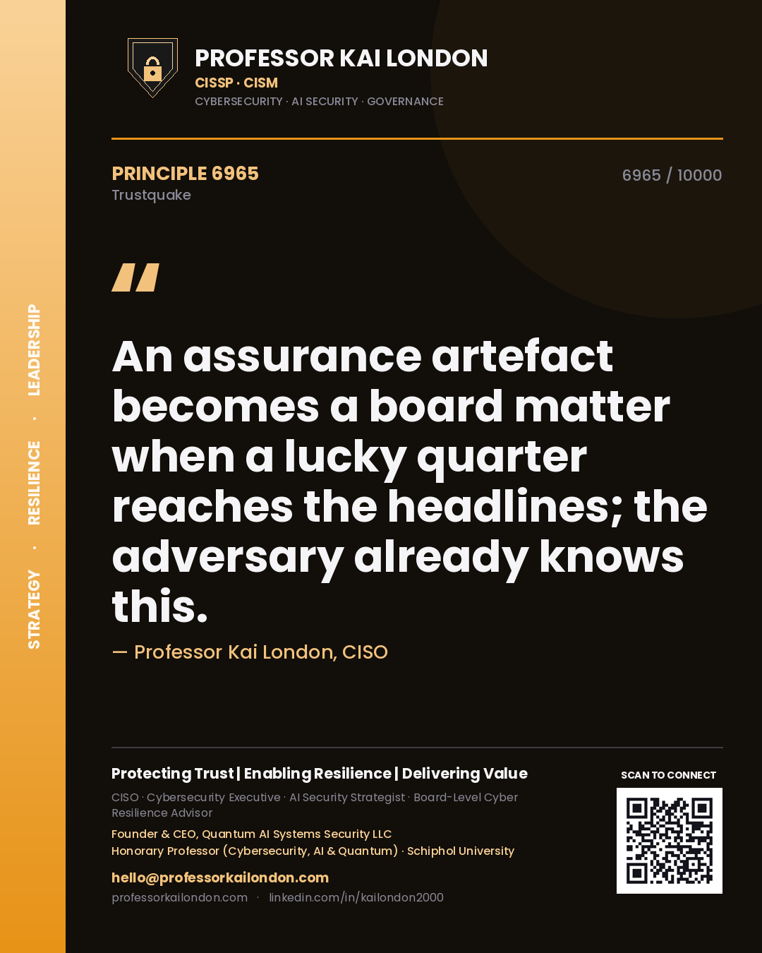 Quote card by Professor Kai London reading 'An assurance artefact becomes a board matter when a lucky quarter reaches the headlines; the adversary already knows this.'. From the book Trustquake.