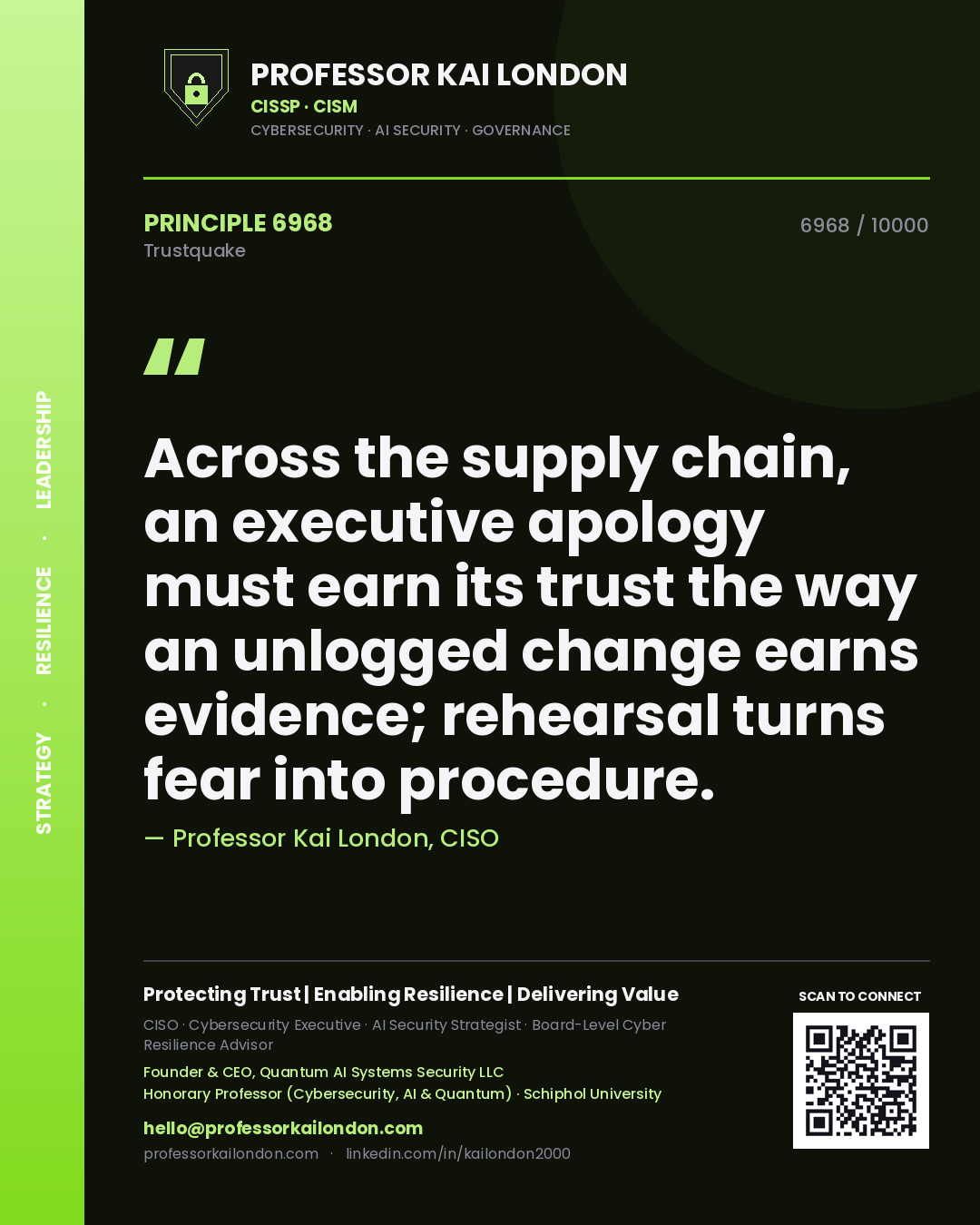 Quote card by Professor Kai London reading 'Across the supply chain, an executive apology must earn its trust the way an unlogged change earns evidence; rehearsal turns fear into procedure.'. From the book Trustquake.