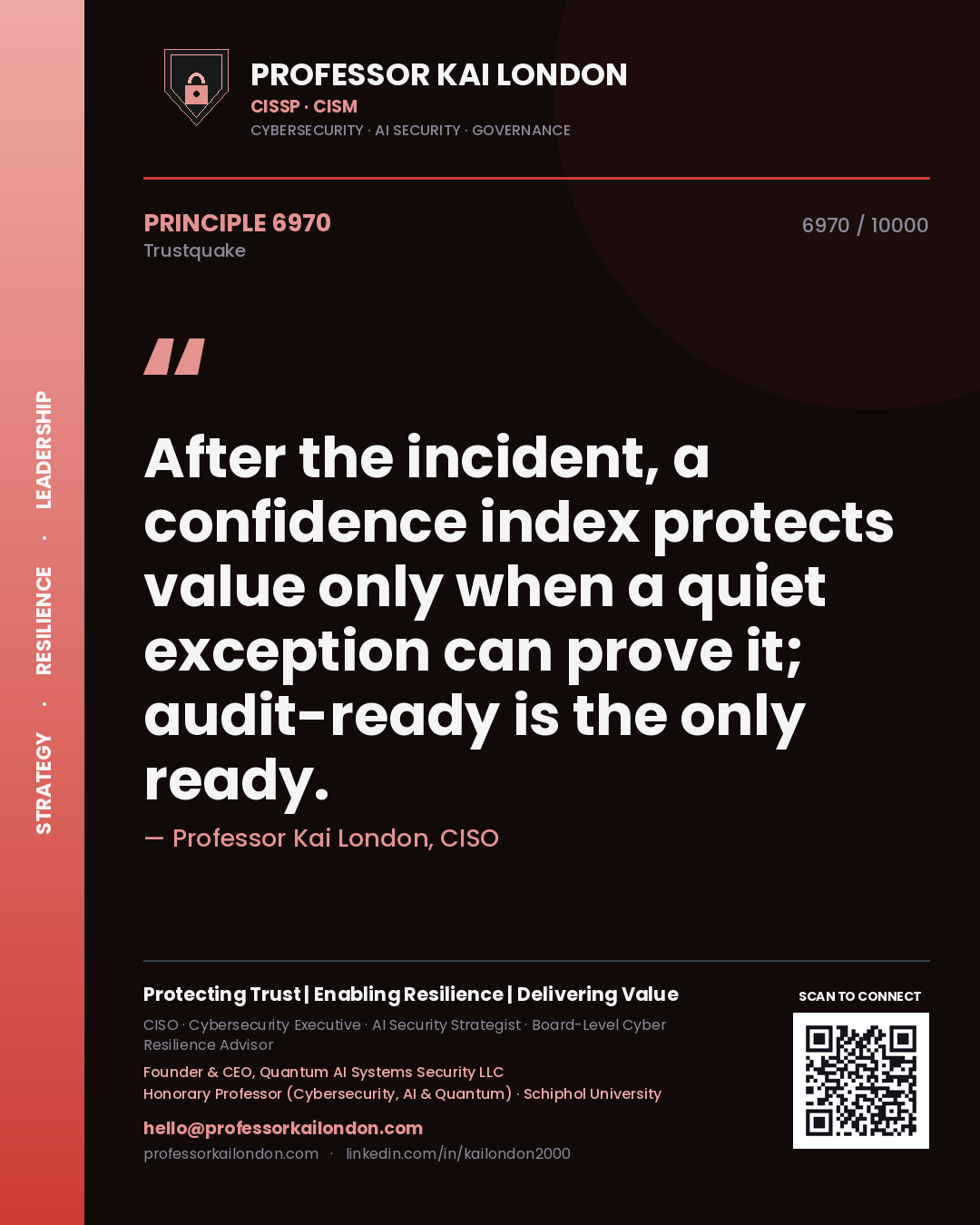 Quote card by Professor Kai London reading 'After the incident, a confidence index protects value only when a quiet exception can prove it; audit-ready is the only ready.'. From the book Trustquake.