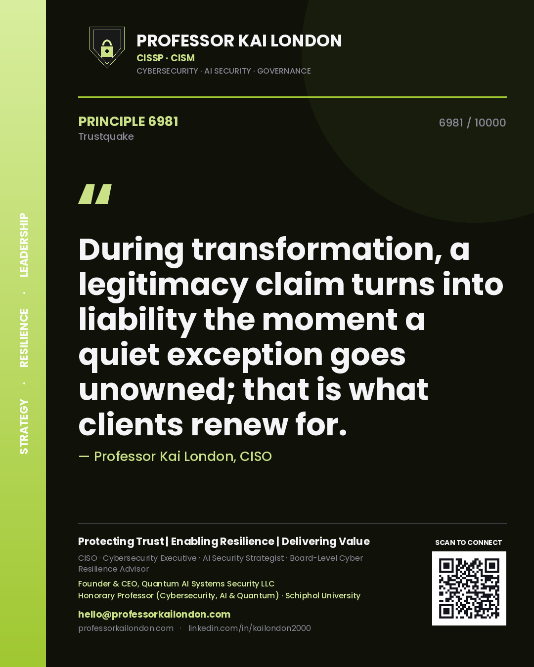 Professor Kai London principle 6981: During transformation, a legitimacy claim turns into liability the moment a quiet exception goes unowned; that is what clients renew for.