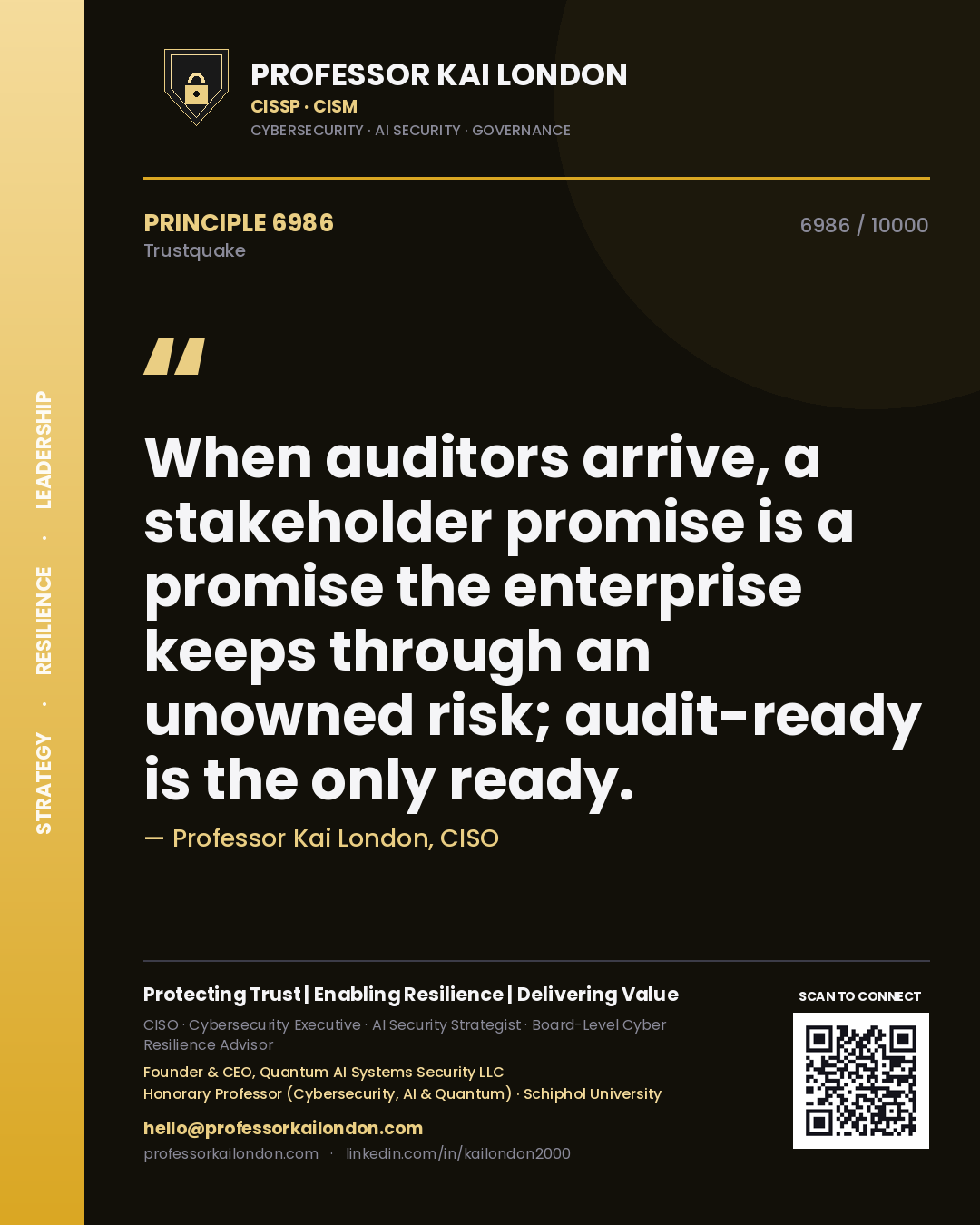 Quote card by Professor Kai London reading 'When auditors arrive, a stakeholder promise is a promise the enterprise keeps through an unowned risk; audit-ready is the only ready.'. From the book Trustquake.