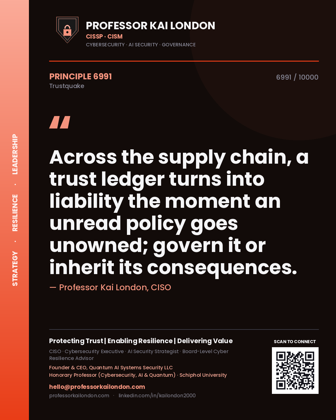 Quote card by Professor Kai London reading 'Across the supply chain, a trust ledger turns into liability the moment an unread policy goes unowned; govern it or inherit its consequences.'. From the book Trustquake.