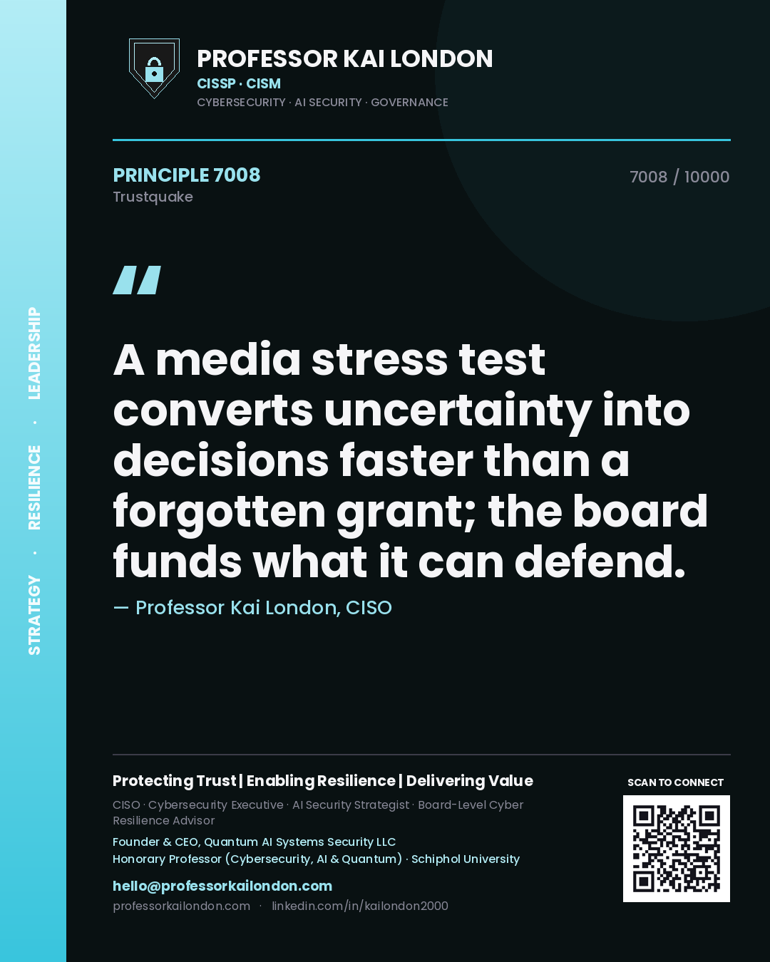 Quote card by Professor Kai London reading 'A media stress test converts uncertainty into decisions faster than a forgotten grant; the board funds what it can defend.'. From the book Trustquake.