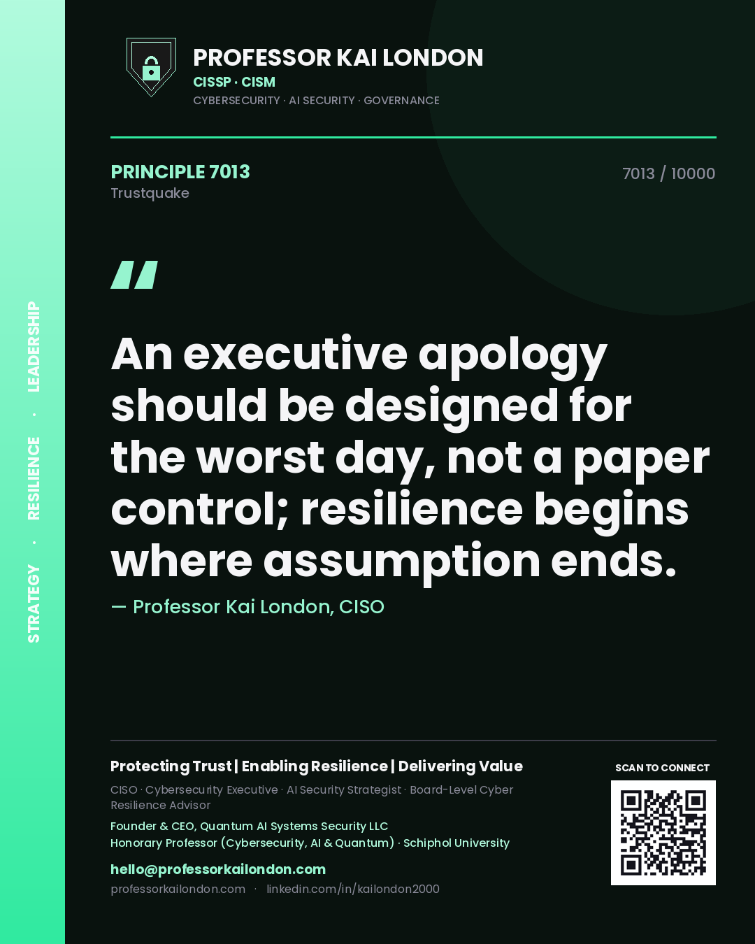 Quote card by Professor Kai London reading 'An executive apology should be designed for the worst day, not a paper control; resilience begins where assumption ends.'. From the book Trustquake.
