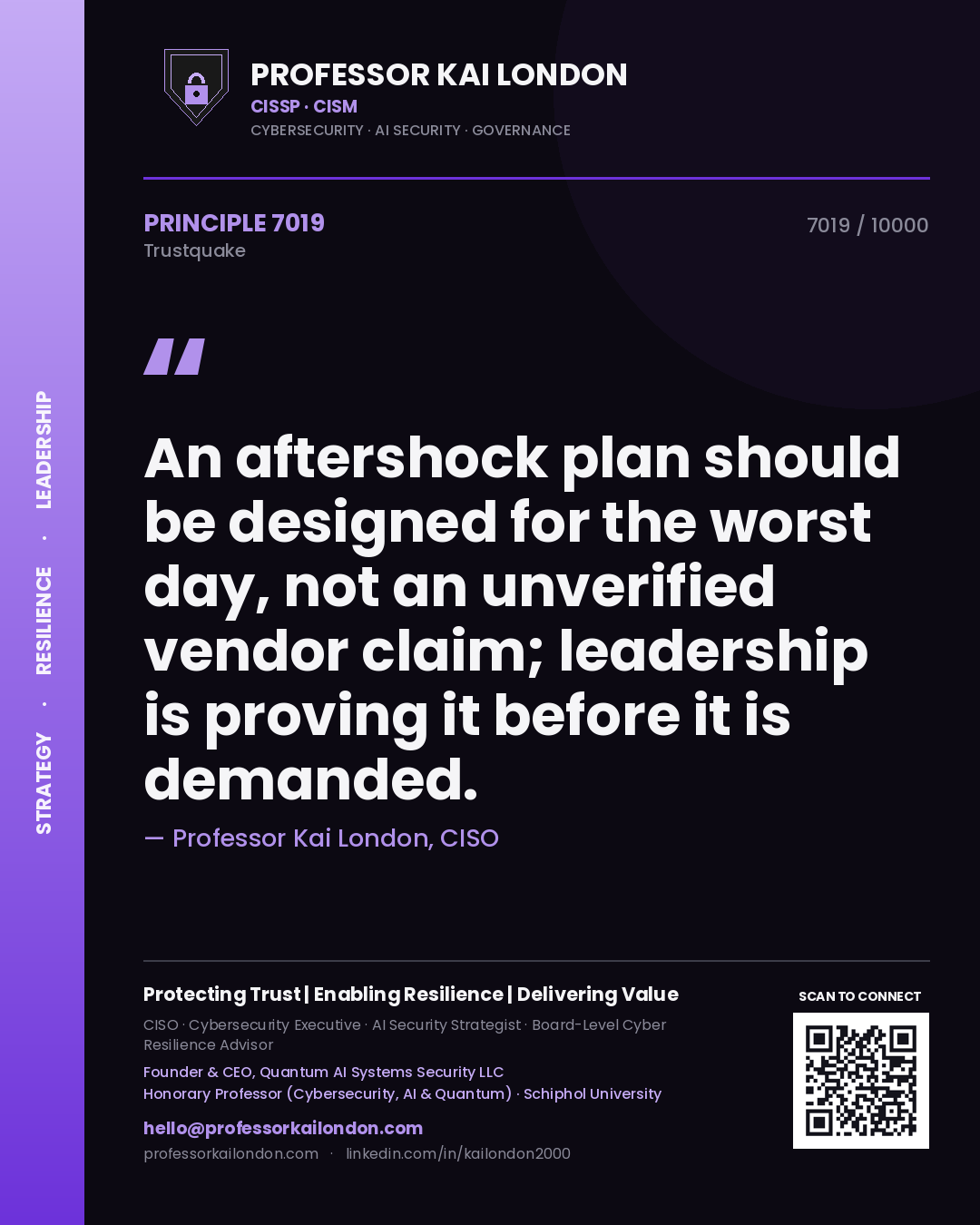 Professor Kai London principle 7019: An aftershock plan should be designed for the worst day, not an unverified vendor claim; leadership is proving it before it is demanded.