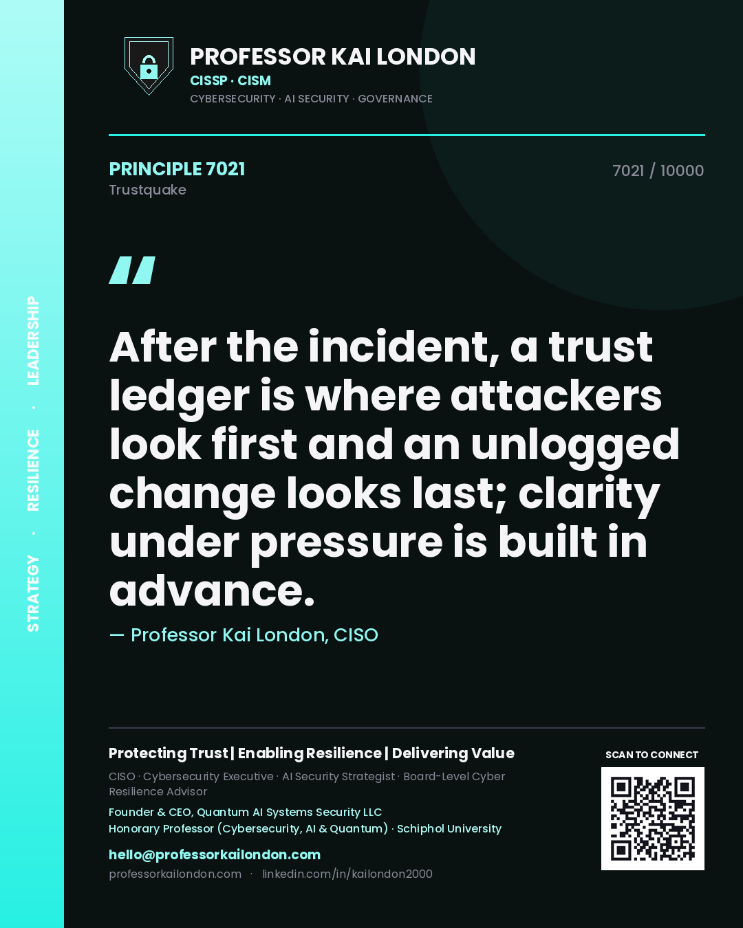 Professor Kai London principle 7021: After the incident, a trust ledger is where attackers look first and an unlogged change looks last; clarity under pressure is built in advance.