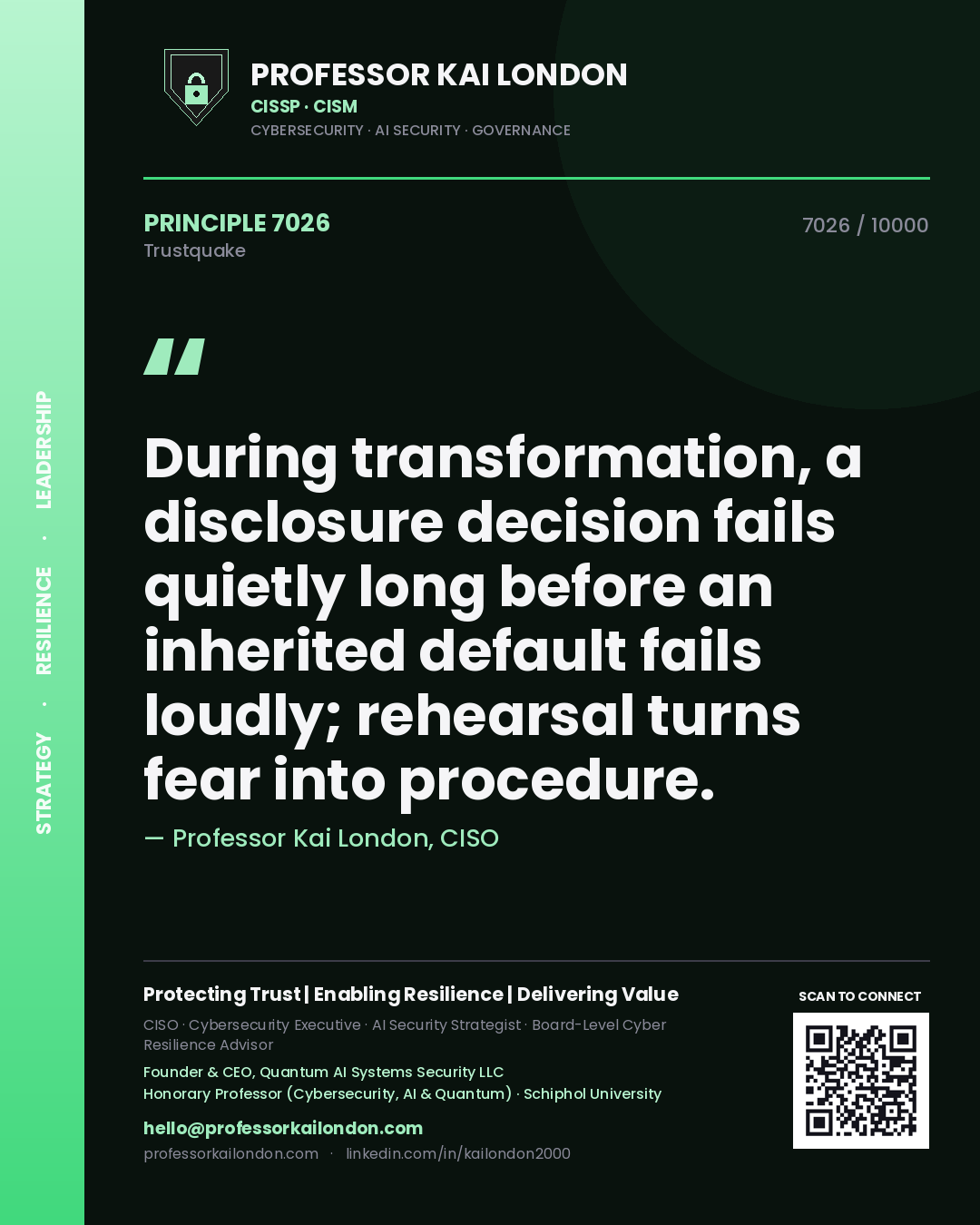 Quote card by Professor Kai London reading 'During transformation, a disclosure decision fails quietly long before an inherited default fails loudly; rehearsal turns fear into procedure.'. From the book Trustquake.