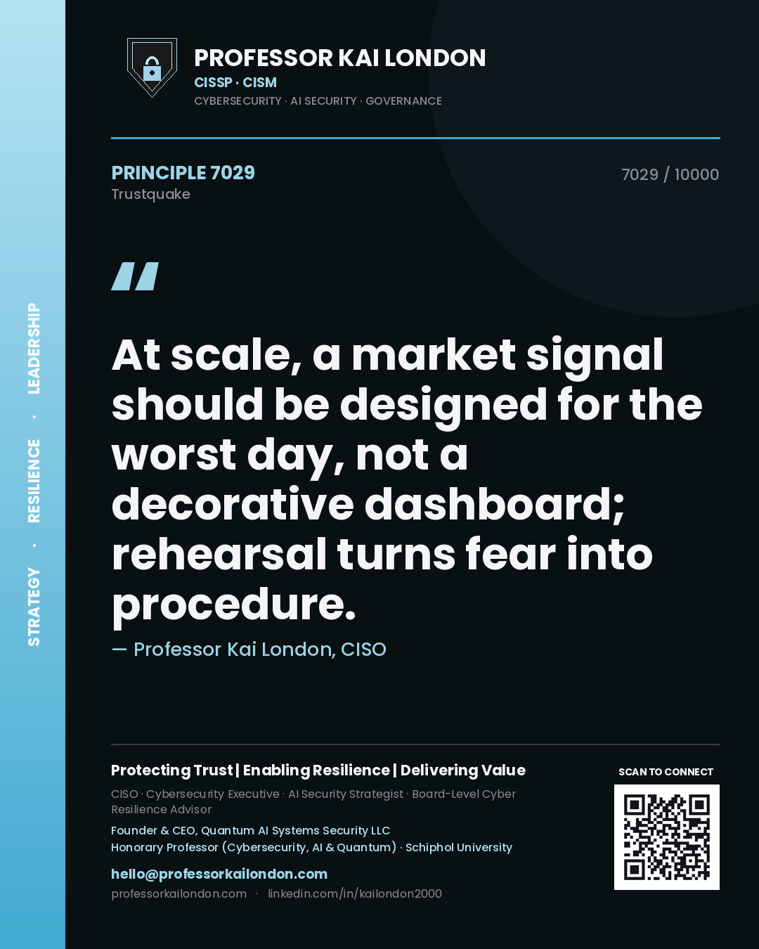 Quote card by Professor Kai London reading 'At scale, a market signal should be designed for the worst day, not a decorative dashboard; rehearsal turns fear into procedure.'. From the book Trustquake.