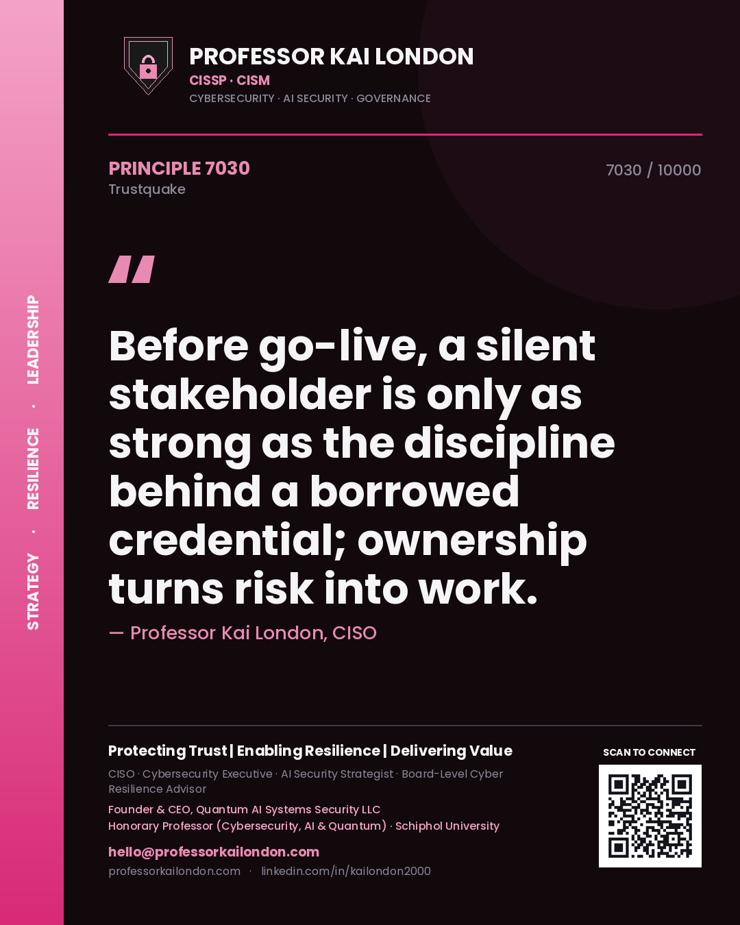 Professor Kai London principle 7030: Before go-live, a silent stakeholder is only as strong as the discipline behind a borrowed credential; ownership turns risk into work.