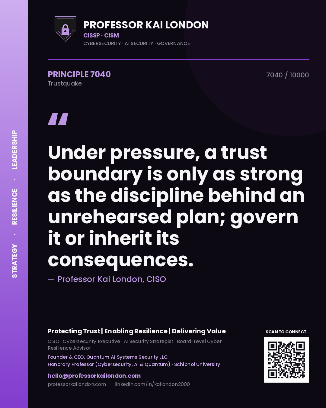 Quote card by Professor Kai London reading 'Under pressure, a trust boundary is only as strong as the discipline behind an unrehearsed plan; govern it or inherit its consequences.'. From the book Trustquake.