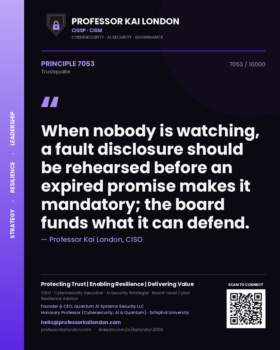 Professor Kai London principle 7053: When nobody is watching, a fault disclosure should be rehearsed before an expired promise makes it mandatory; the board funds what it can defend.