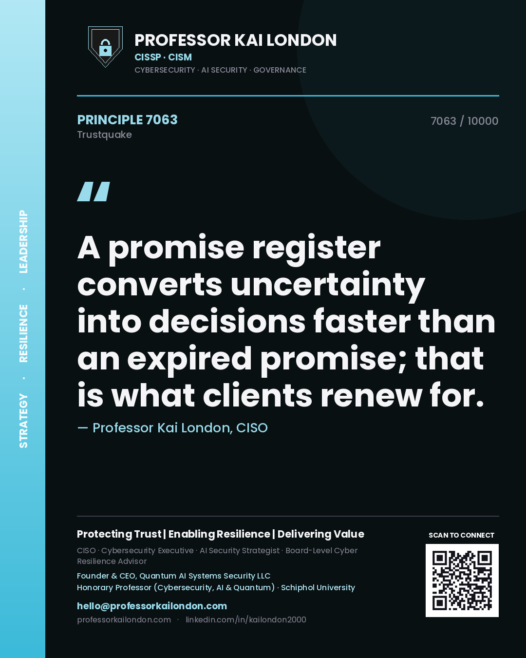 Quote card by Professor Kai London reading 'A promise register converts uncertainty into decisions faster than an expired promise; that is what clients renew for.'. From the book Trustquake.