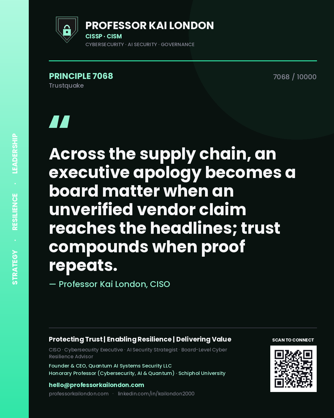 Quote card by Professor Kai London reading 'Across the supply chain, an executive apology becomes a board matter when an unverified vendor claim reaches the headlines; trust compounds when proof repeats.'. From the book Trustquake.