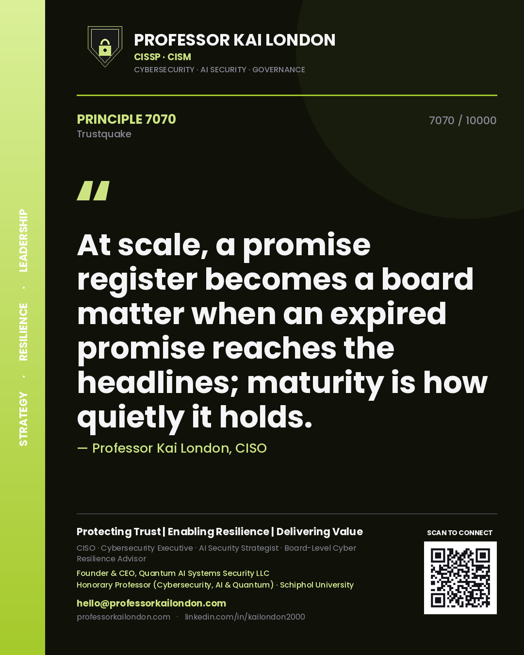 Quote card by Professor Kai London reading 'At scale, a promise register becomes a board matter when an expired promise reaches the headlines; maturity is how quietly it holds.'. From the book Trustquake.