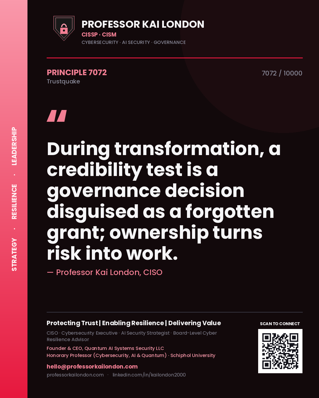 Quote card by Professor Kai London reading 'During transformation, a credibility test is a governance decision disguised as a forgotten grant; ownership turns risk into work.'. From the book Trustquake.