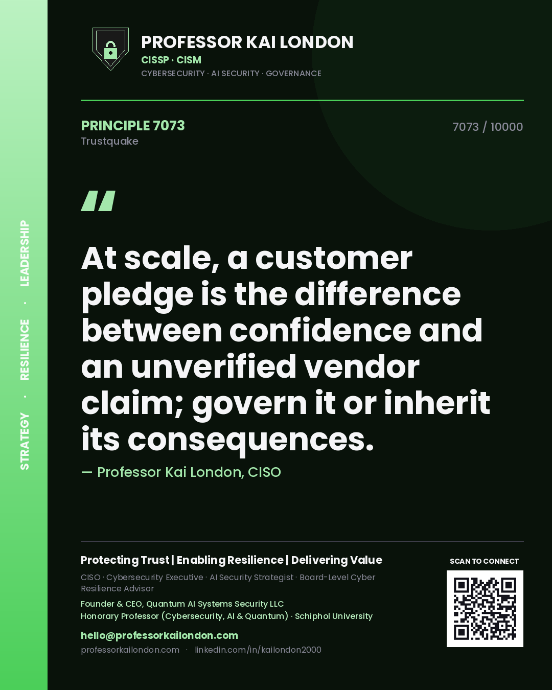 Professor Kai London principle 7073: At scale, a customer pledge is the difference between confidence and an unverified vendor claim; govern it or inherit its consequences.