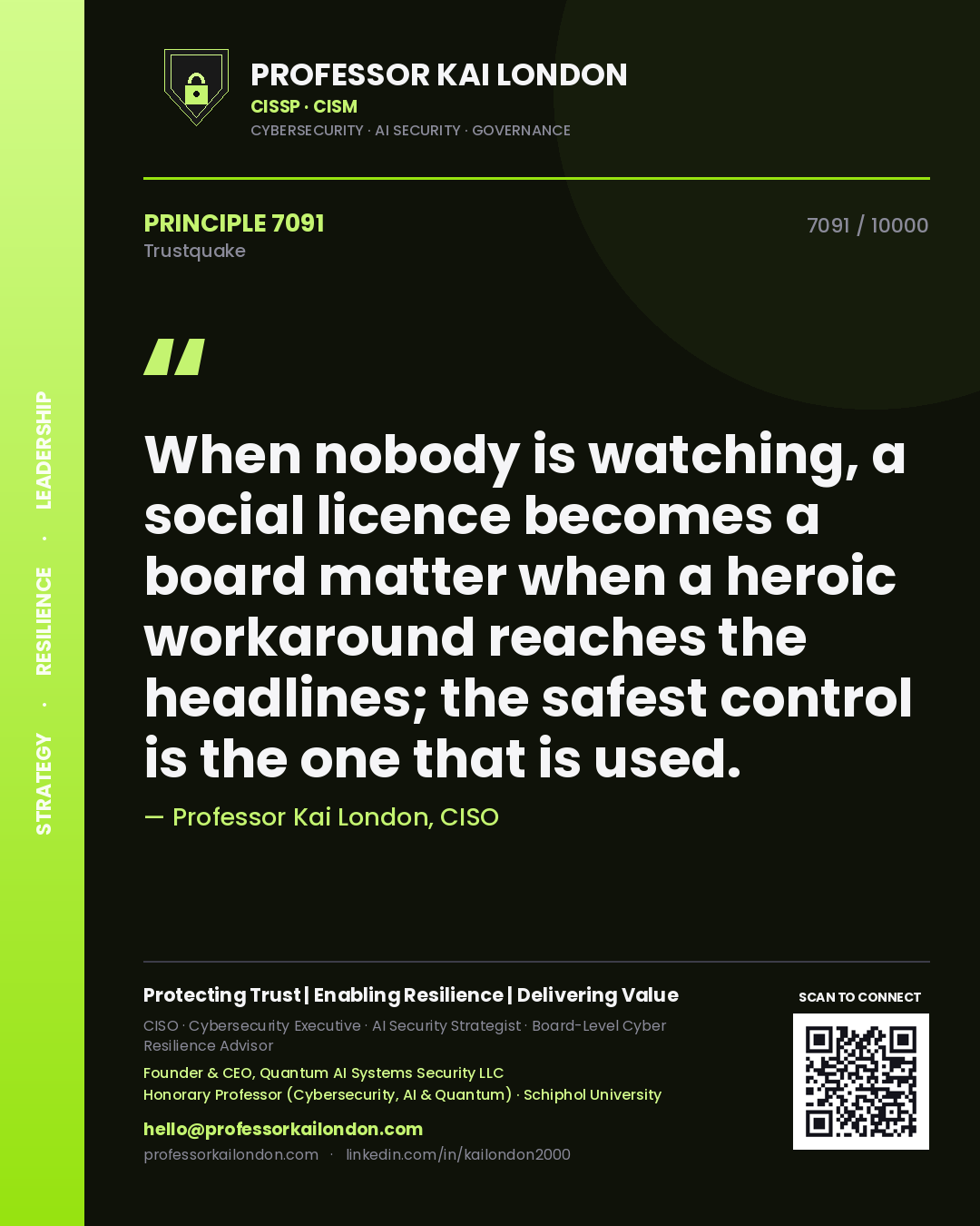 Quote card by Professor Kai London reading 'When nobody is watching, a social licence becomes a board matter when a heroic workaround reaches the headlines; the safest control is the one that is used.'. From the book Trustquake.