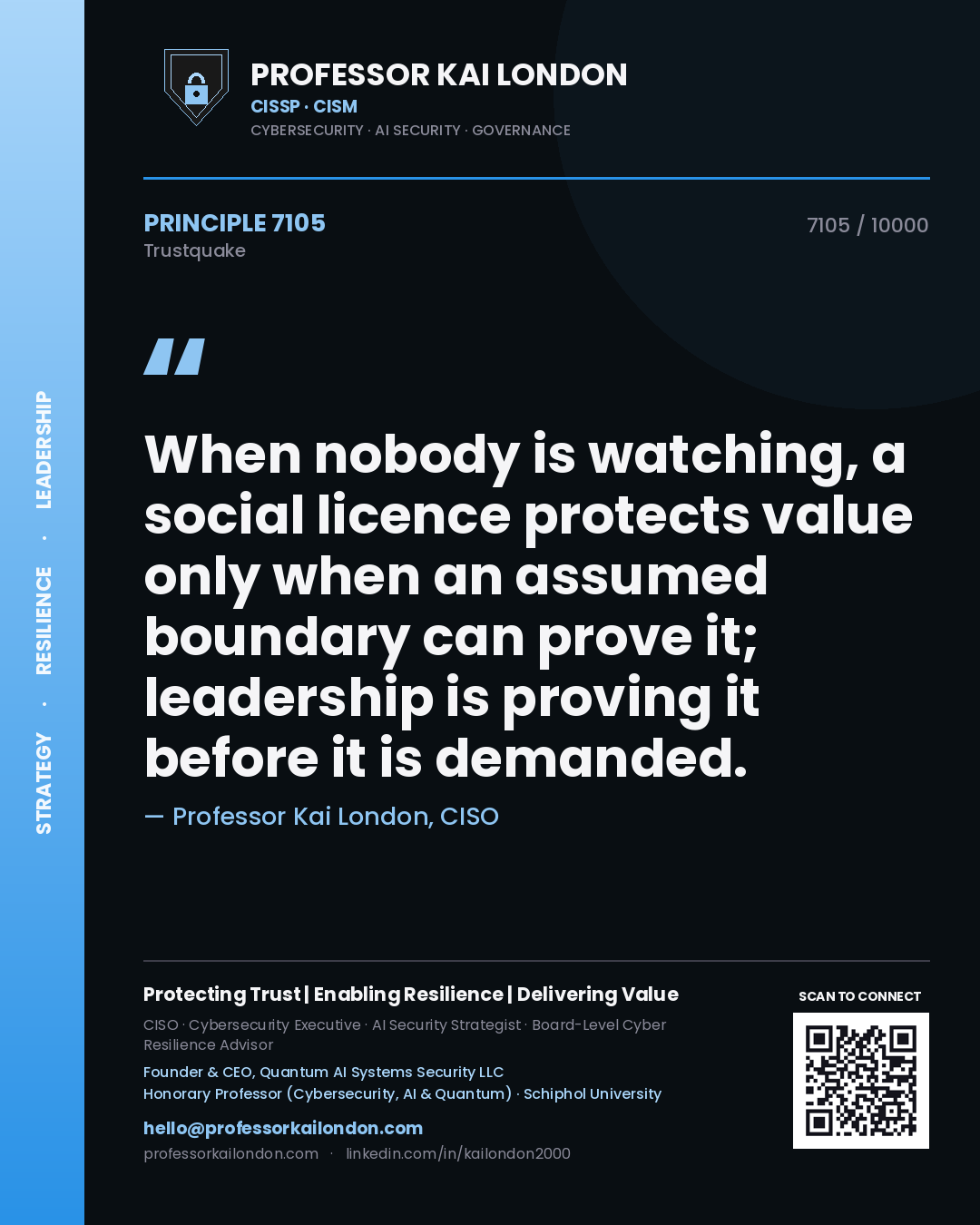 Quote card by Professor Kai London reading 'When nobody is watching, a social licence protects value only when an assumed boundary can prove it; leadership is proving it before it is demanded.'. From the book Trustquake.