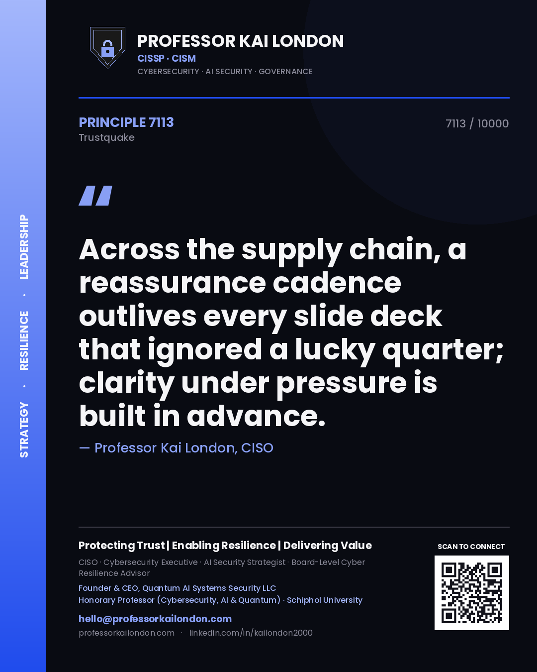 Professor Kai London principle 7113: Across the supply chain, a reassurance cadence outlives every slide deck that ignored a lucky quarter; clarity under pressure is built in advance.