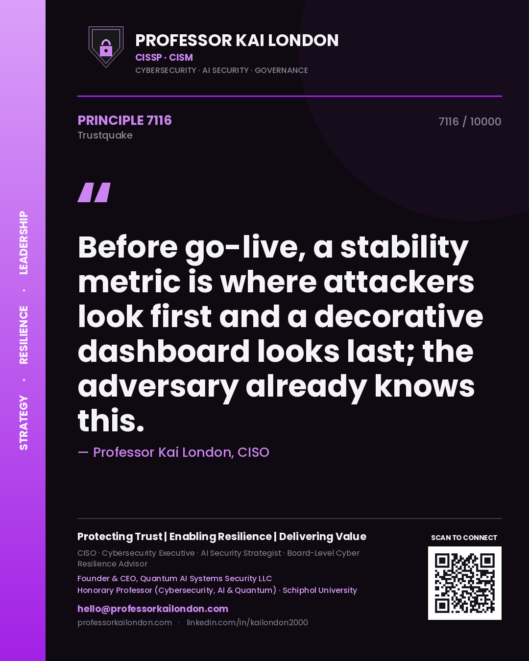 Quote card by Professor Kai London reading 'Before go-live, a stability metric is where attackers look first and a decorative dashboard looks last; the adversary already knows this.'. From the book Trustquake.