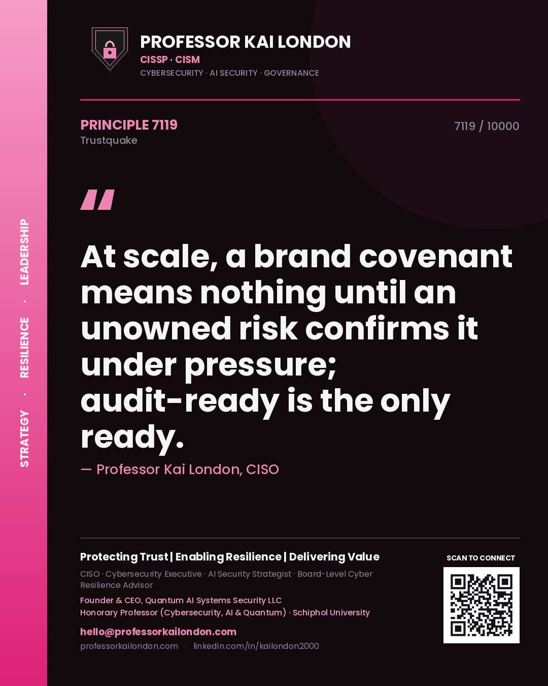 Quote card by Professor Kai London reading 'At scale, a brand covenant means nothing until an unowned risk confirms it under pressure; audit-ready is the only ready.'. From the book Trustquake.