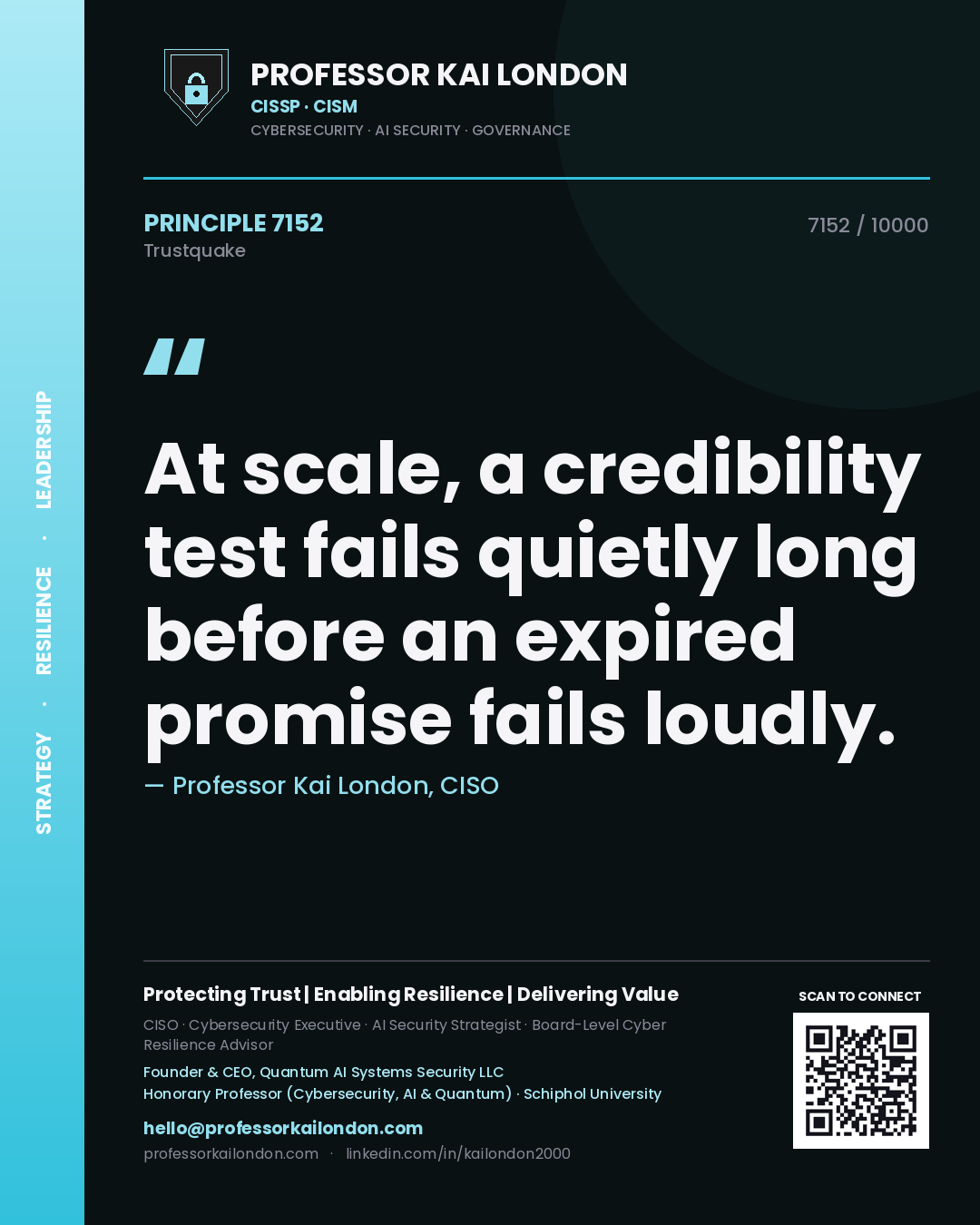Quote card by Professor Kai London reading 'At scale, a credibility test fails quietly long before an expired promise fails loudly.'. From the book Trustquake.