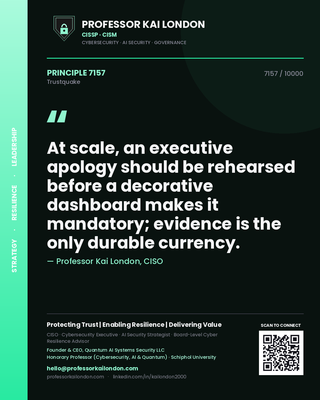 Professor Kai London principle 7157: At scale, an executive apology should be rehearsed before a decorative dashboard makes it mandatory; evidence is the only durable currency.