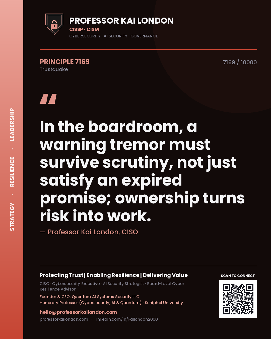Professor Kai London principle 7169: In the boardroom, a warning tremor must survive scrutiny, not just satisfy an expired promise; ownership turns risk into work.