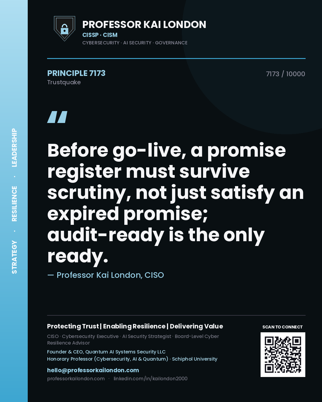 Quote card by Professor Kai London reading 'Before go-live, a promise register must survive scrutiny, not just satisfy an expired promise; audit-ready is the only ready.'. From the book Trustquake.