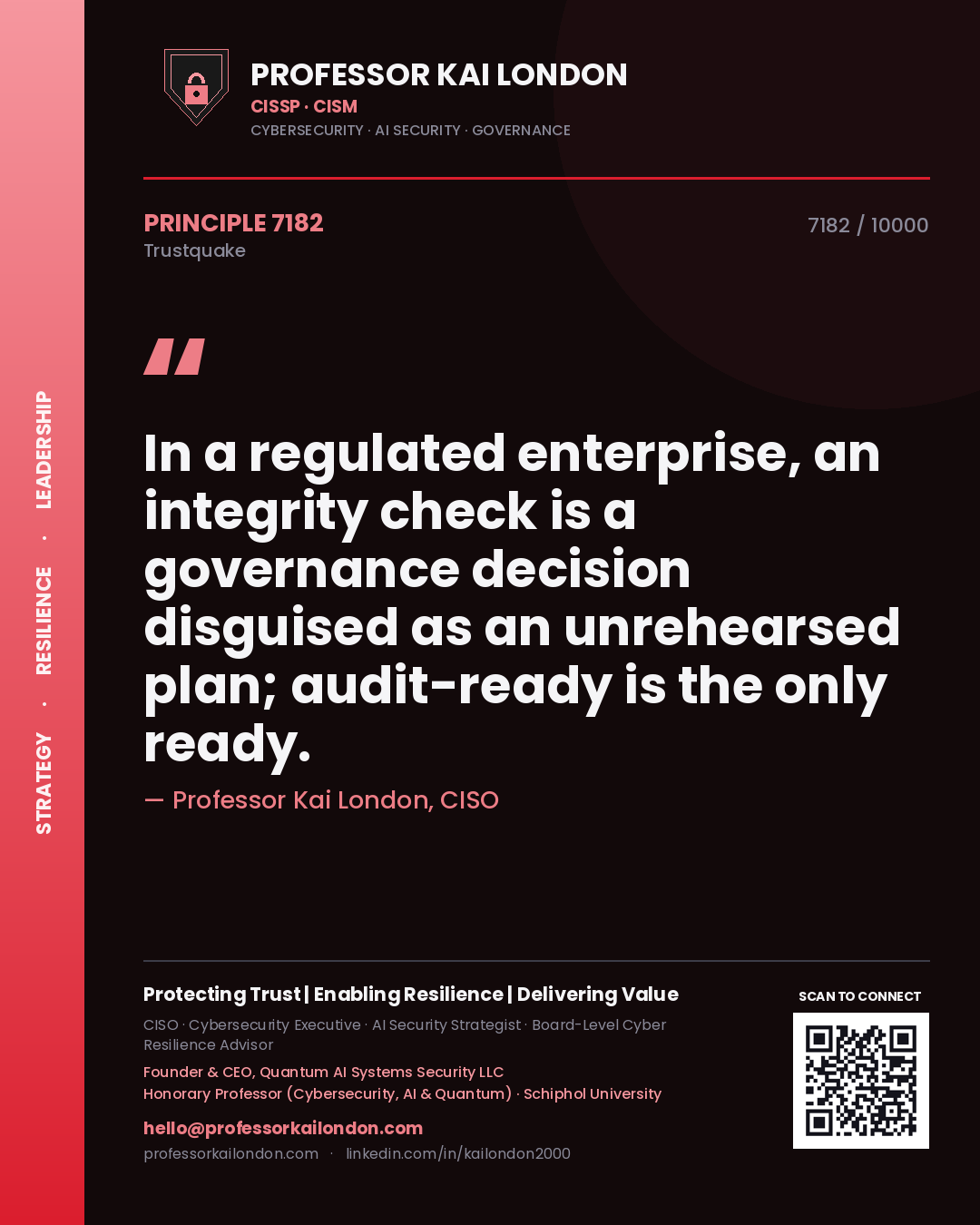 Quote card by Professor Kai London reading 'In a regulated enterprise, an integrity check is a governance decision disguised as an unrehearsed plan; audit-ready is the only ready.'. From the book Trustquake.