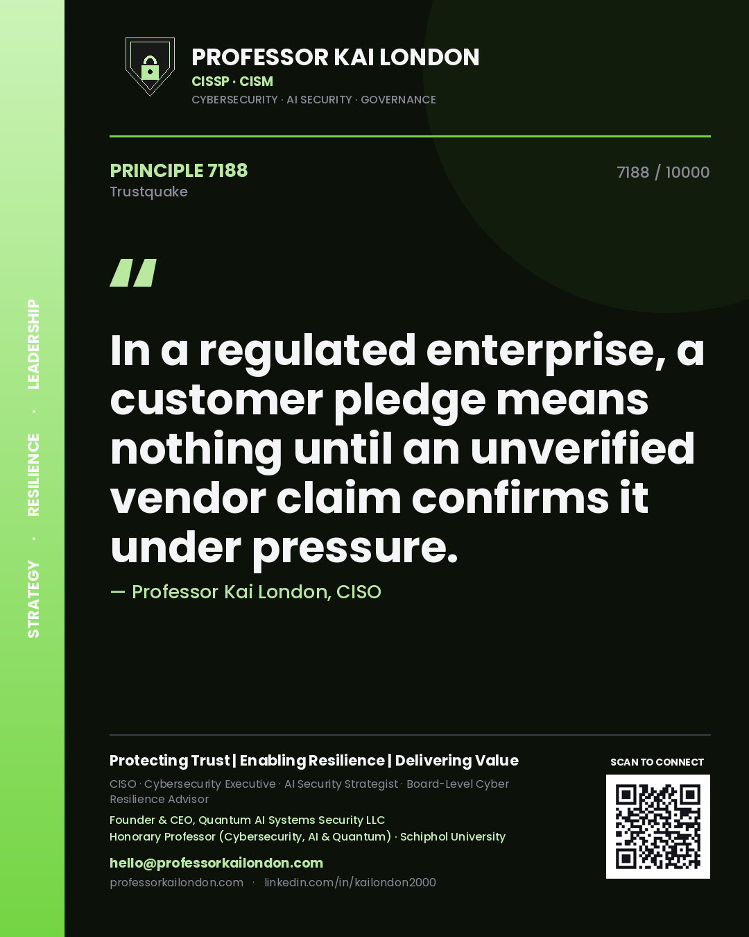 Professor Kai London principle 7188: In a regulated enterprise, a customer pledge means nothing until an unverified vendor claim confirms it under pressure.