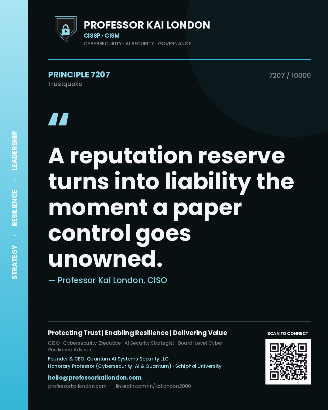 Quote card by Professor Kai London reading 'A reputation reserve turns into liability the moment a paper control goes unowned.'. From the book Trustquake.
