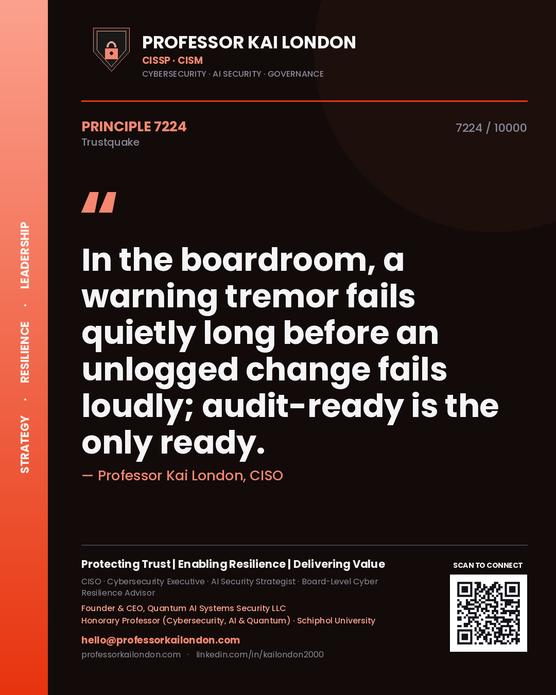 Professor Kai London principle 7224: In the boardroom, a warning tremor fails quietly long before an unlogged change fails loudly; audit-ready is the only ready.