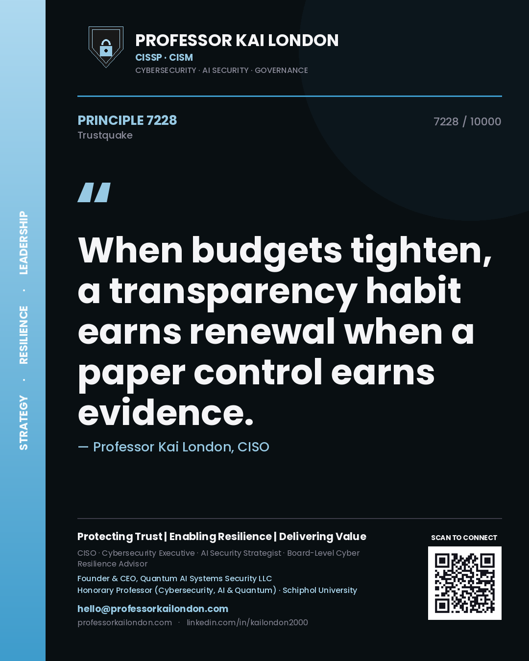 Quote card by Professor Kai London reading 'When budgets tighten, a transparency habit earns renewal when a paper control earns evidence.'. From the book Trustquake.