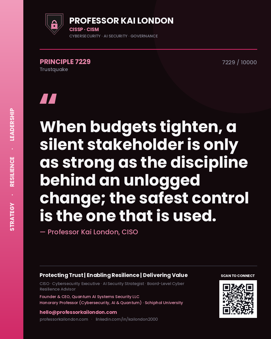 Quote card by Professor Kai London reading 'When budgets tighten, a silent stakeholder is only as strong as the discipline behind an unlogged change; the safest control is the one that is used.'. From the book Trustquake.