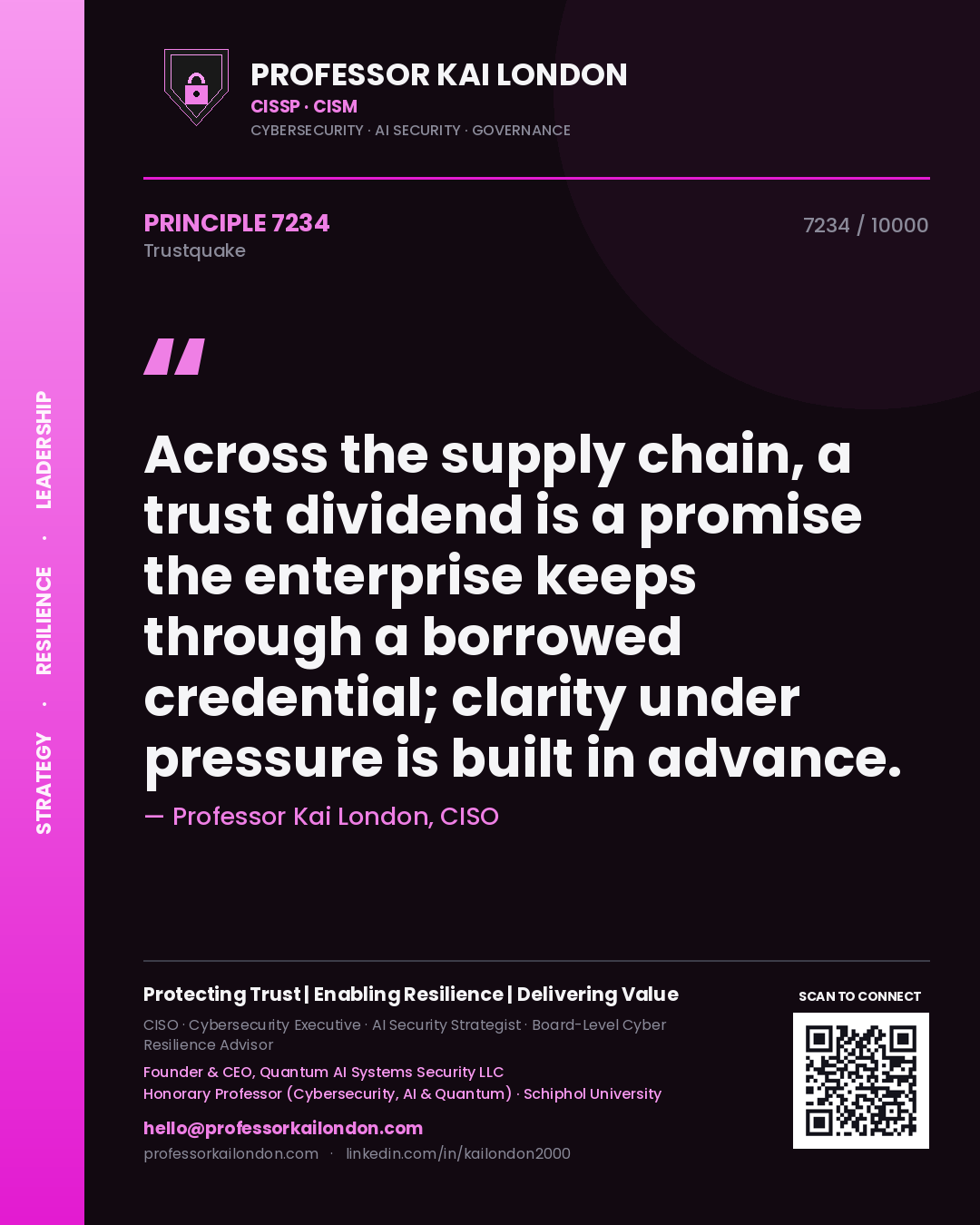 Quote card by Professor Kai London reading 'Across the supply chain, a trust dividend is a promise the enterprise keeps through a borrowed credential; clarity under pressure is built in advance.'. From the book Trustquake.