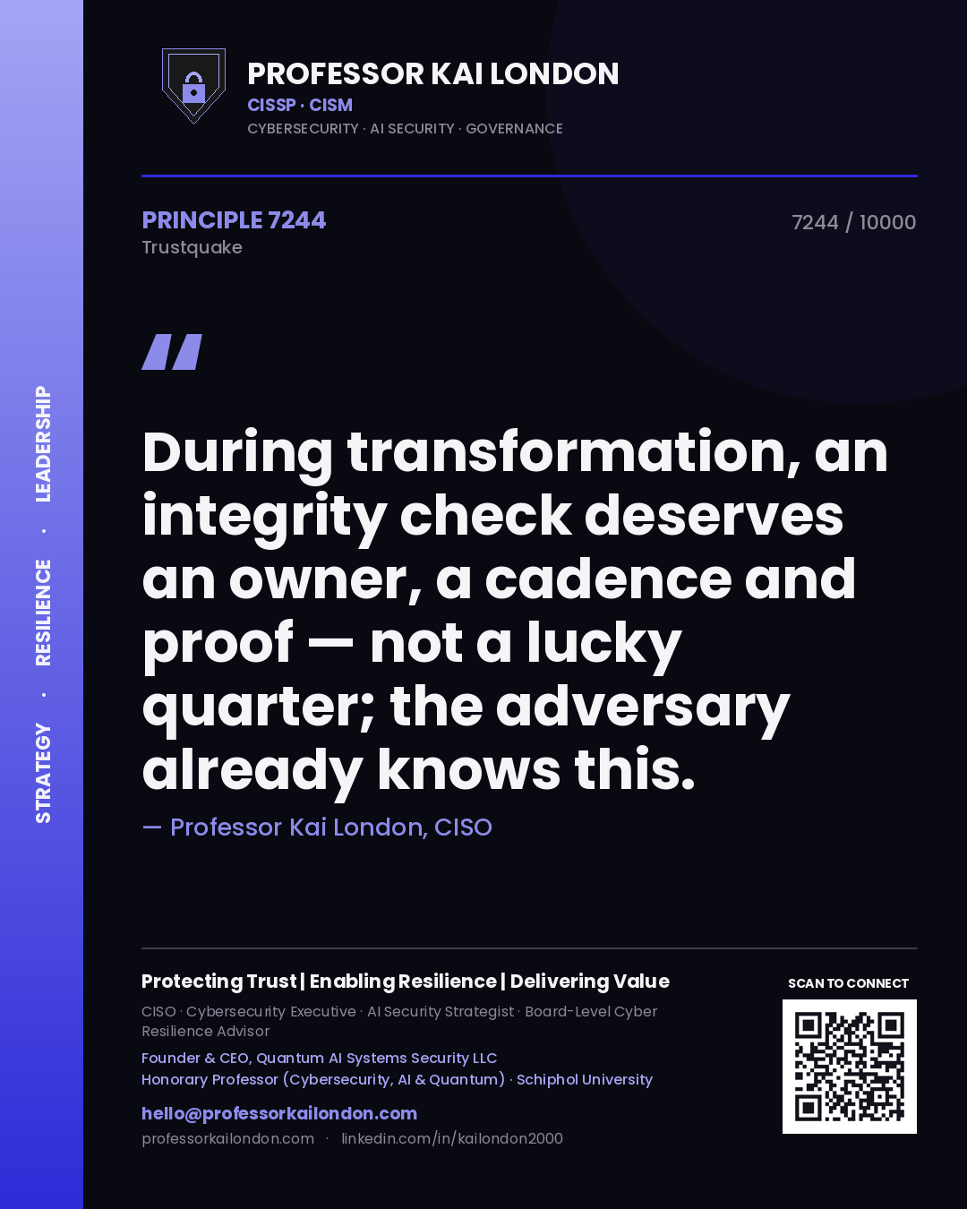 Professor Kai London principle 7244: During transformation, an integrity check deserves an owner, a cadence and proof — not a lucky quarter; the adversary already knows this.