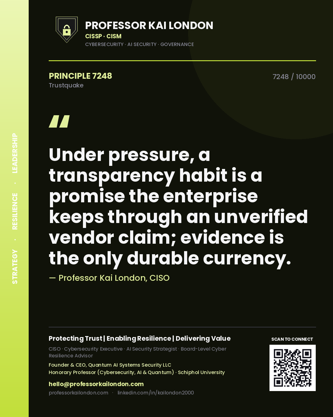 Quote card by Professor Kai London reading 'Under pressure, a transparency habit is a promise the enterprise keeps through an unverified vendor claim; evidence is the only durable currency.'. From the book Trustquake.