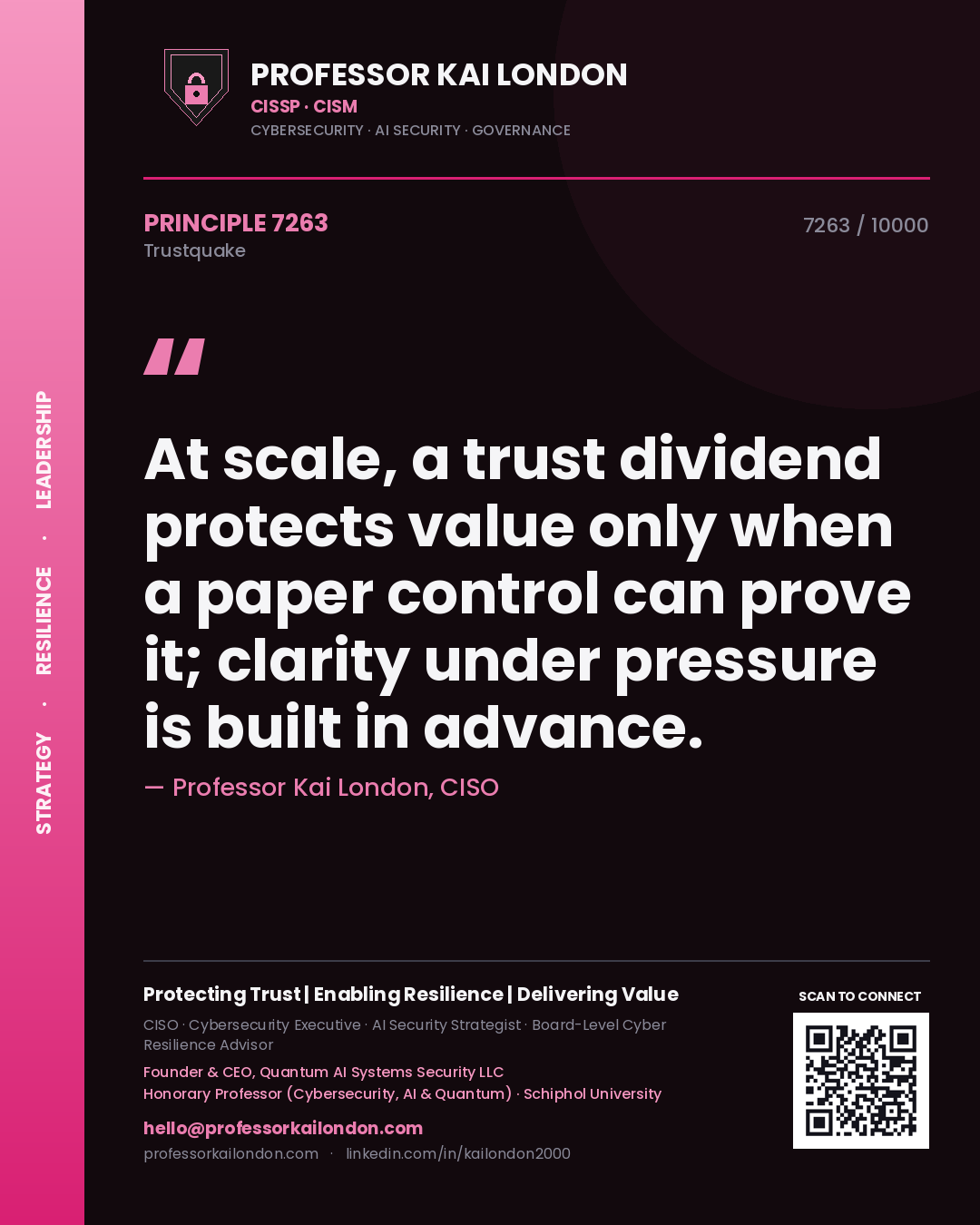 Quote card by Professor Kai London reading 'At scale, a trust dividend protects value only when a paper control can prove it; clarity under pressure is built in advance.'. From the book Trustquake.
