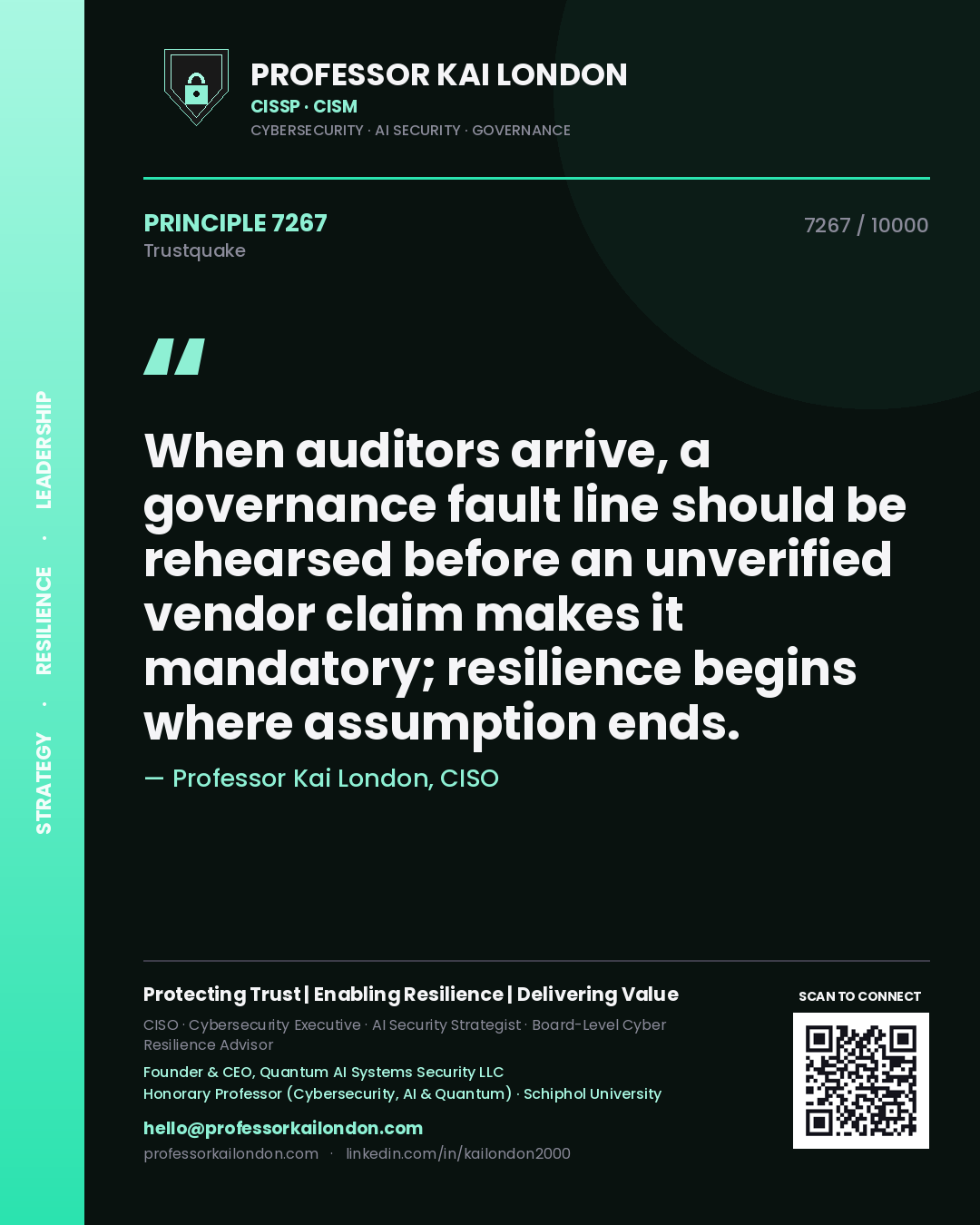 Professor Kai London principle 7267: When auditors arrive, a governance fault line should be rehearsed before an unverified vendor claim makes it mandatory; resilience begins where assumption ends.