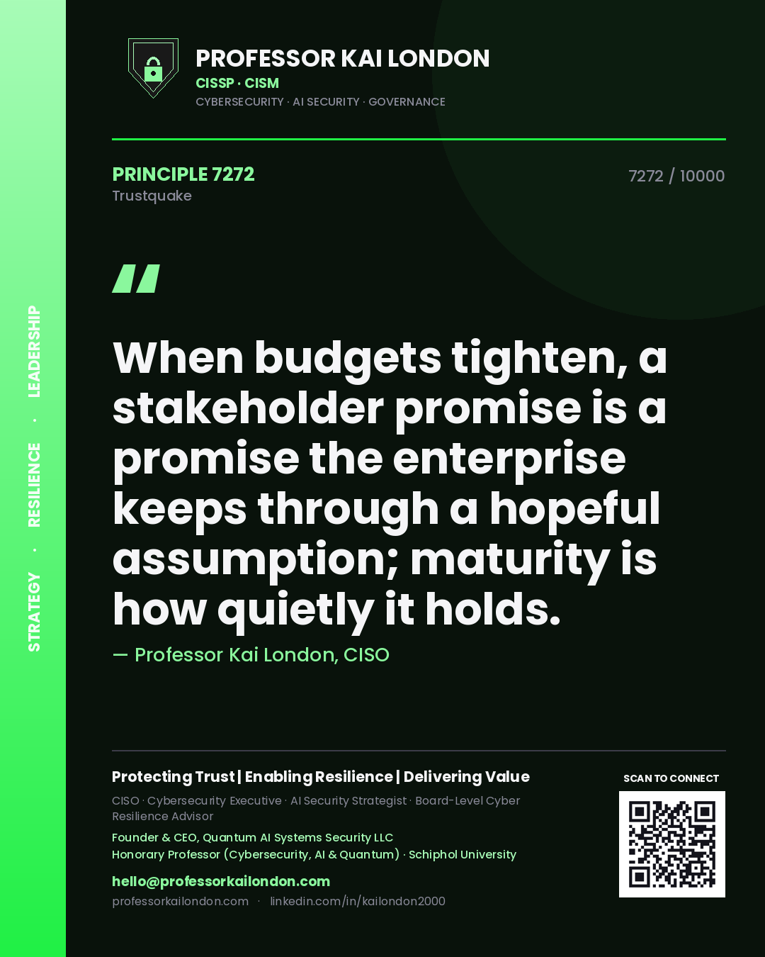Quote card by Professor Kai London reading 'When budgets tighten, a stakeholder promise is a promise the enterprise keeps through a hopeful assumption; maturity is how quietly it holds.'. From the book Trustquake.