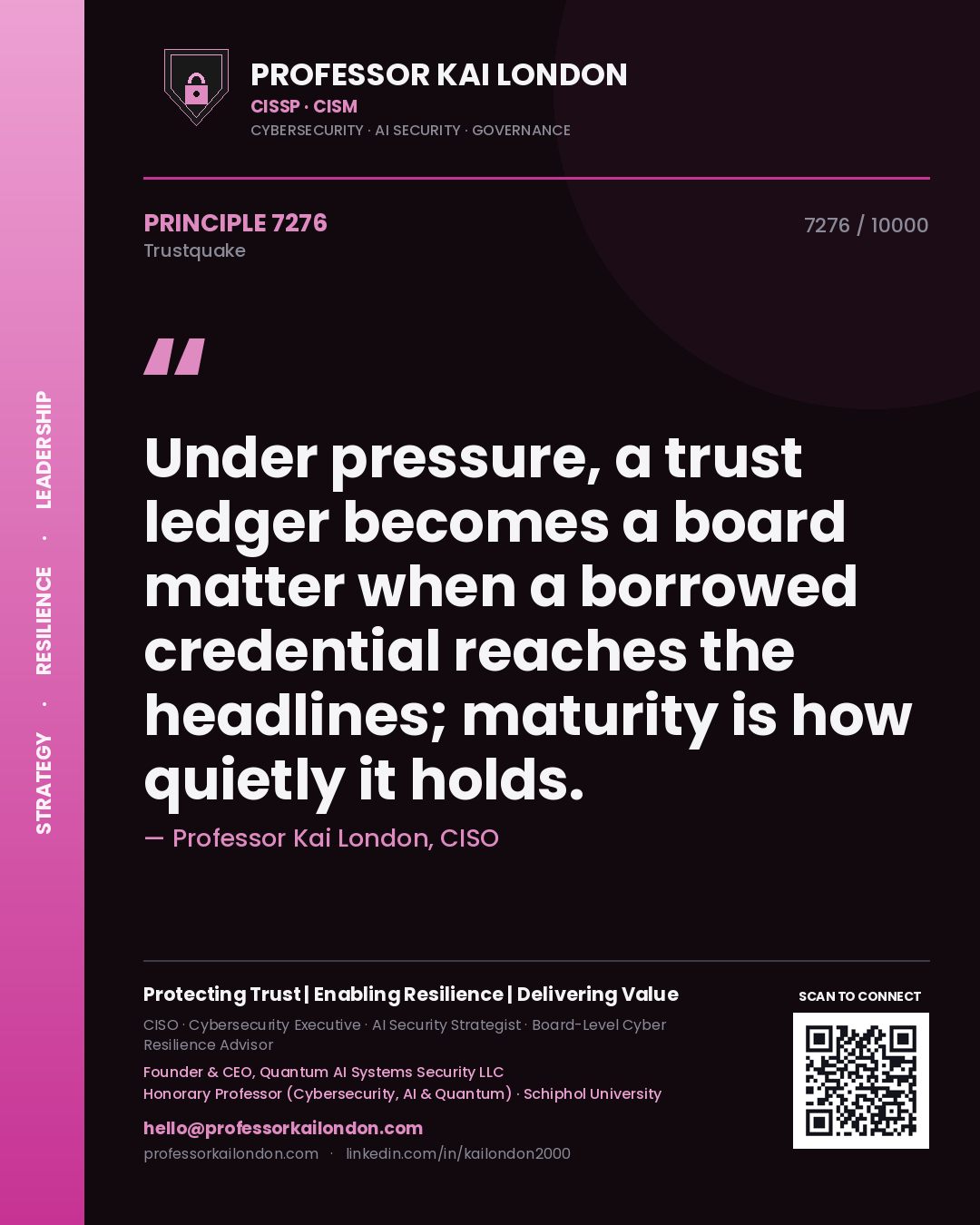 Professor Kai London principle 7276: Under pressure, a trust ledger becomes a board matter when a borrowed credential reaches the headlines; maturity is how quietly it holds.