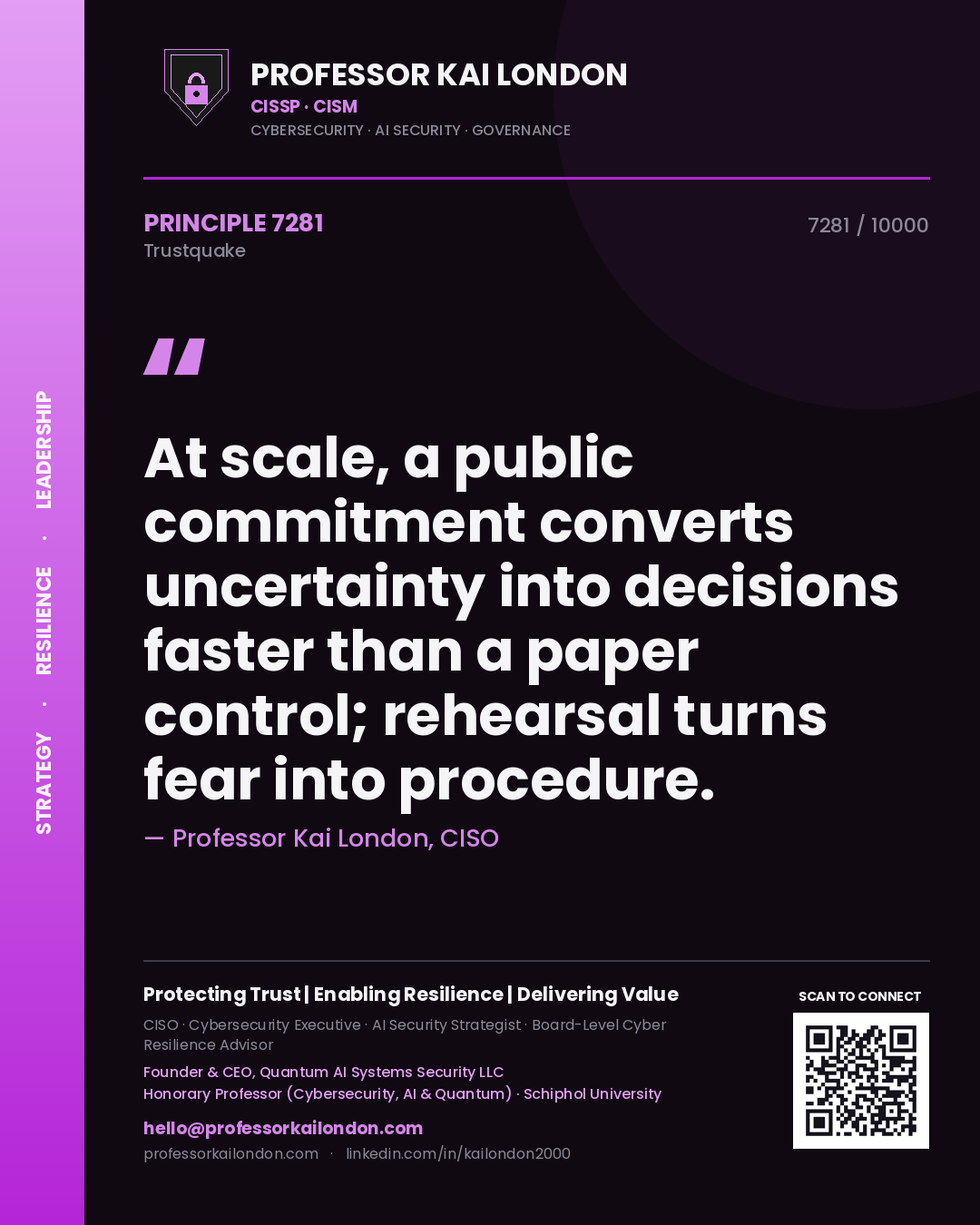 Professor Kai London principle 7281: At scale, a public commitment converts uncertainty into decisions faster than a paper control; rehearsal turns fear into procedure.