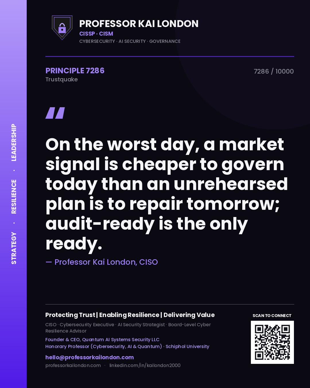 Quote card by Professor Kai London reading 'On the worst day, a market signal is cheaper to govern today than an unrehearsed plan is to repair tomorrow; audit-ready is the only ready.'. From the book Trustquake.