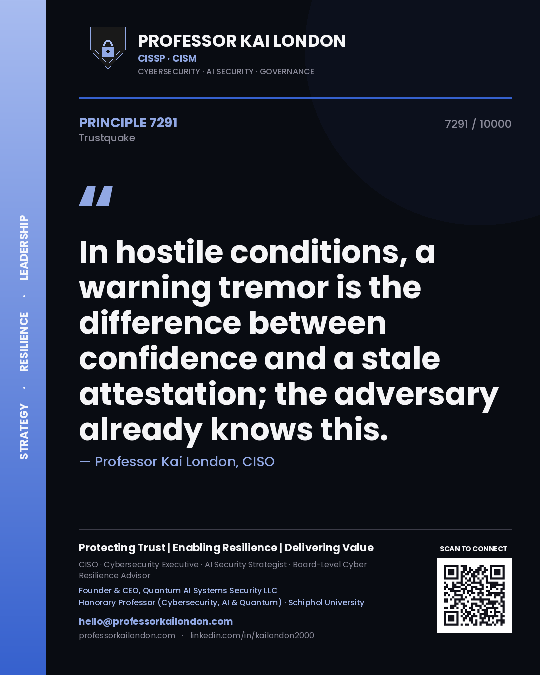Quote card by Professor Kai London reading 'In hostile conditions, a warning tremor is the difference between confidence and a stale attestation; the adversary already knows this.'. From the book Trustquake.